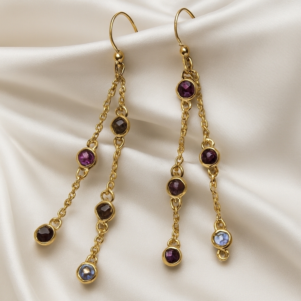 Charming Charlie, Gold Chain Drop Earrings with Multicolored Faceted Gemstones